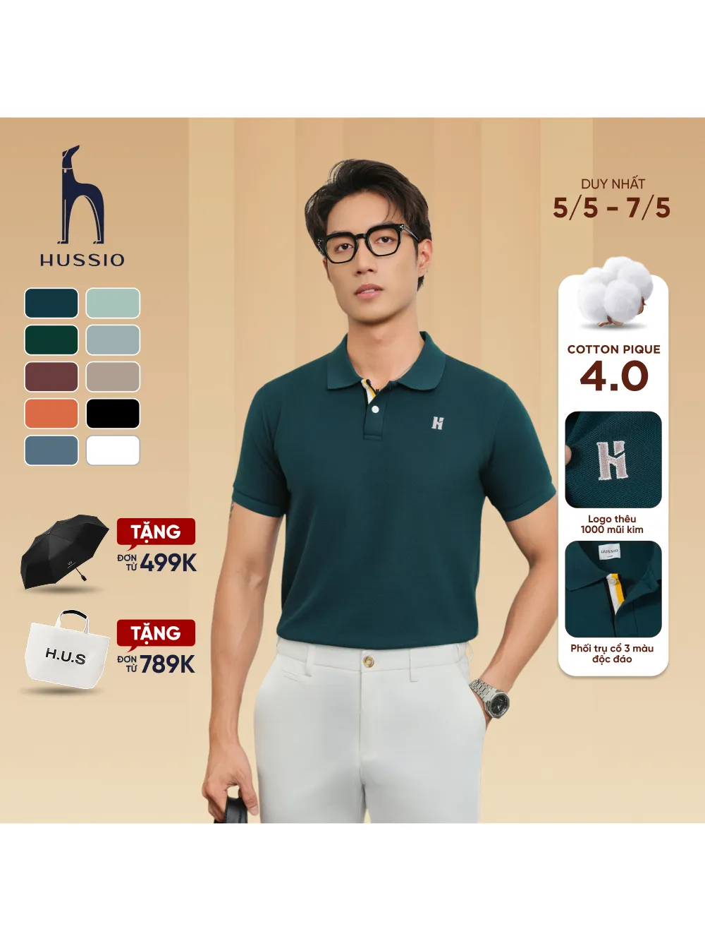 Ảnh Áo polo nam DOMINUS vải cotton pique 4.0 mềm mịn, co dãn tốt, thoáng mát, đứng form - HUSSIO 1