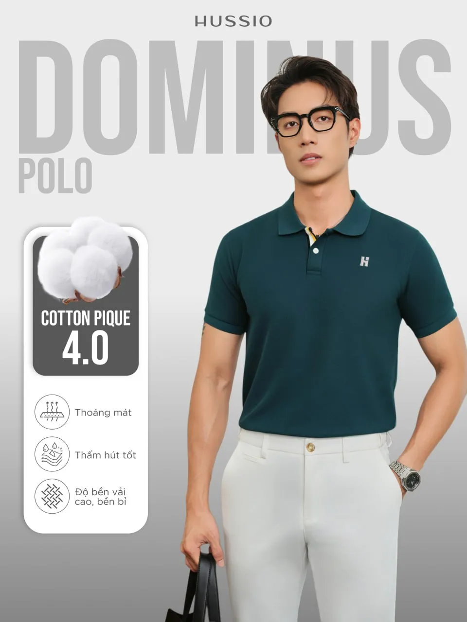 Ảnh Áo polo nam DOMINUS vải cotton pique 4.0 mềm mịn, co dãn tốt, thoáng mát, đứng form - HUSSIO 2