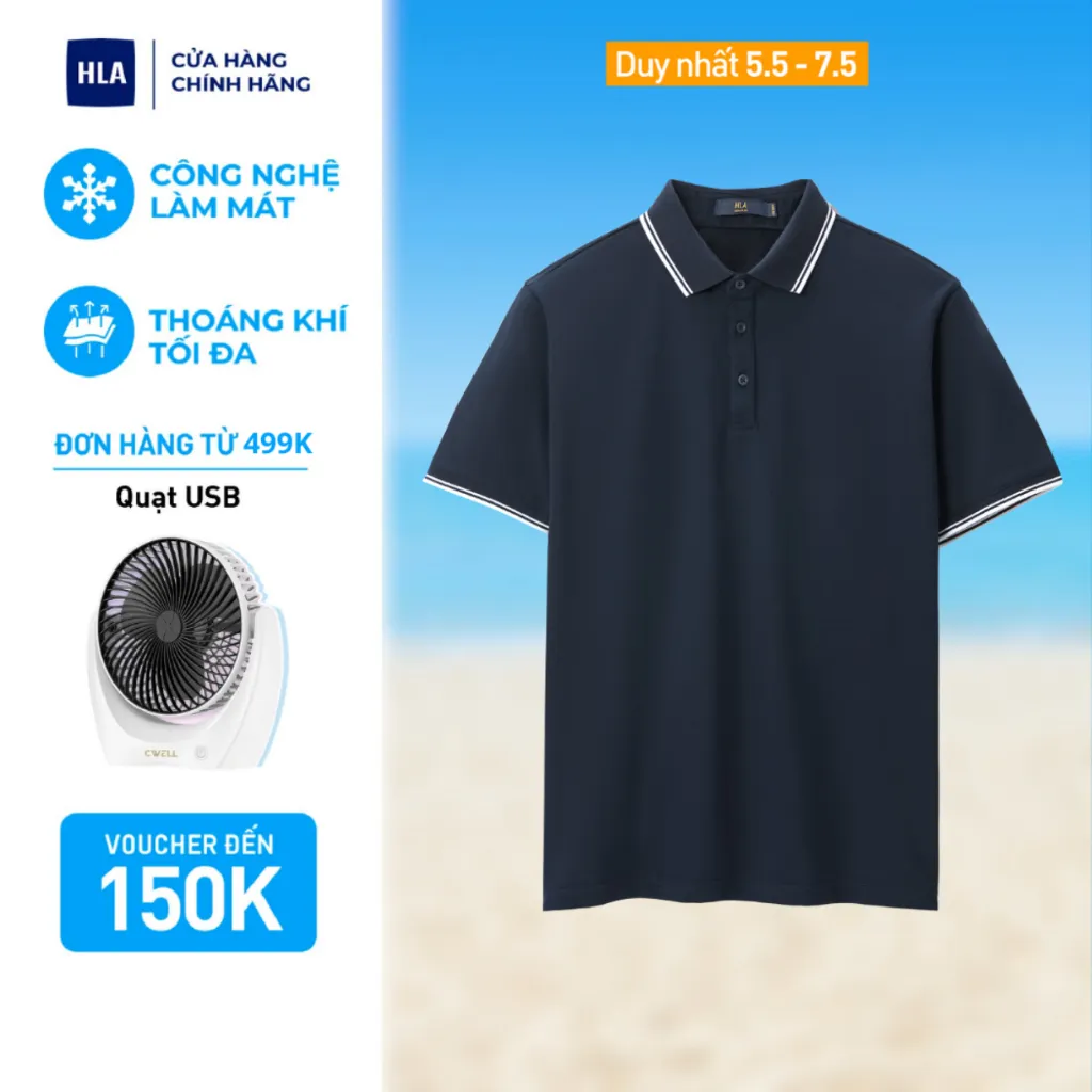 Ảnh Áo POLO nam HLA màu xanh đen phối viền trắng, form basic chất liệu mềm mại thoải mái 1