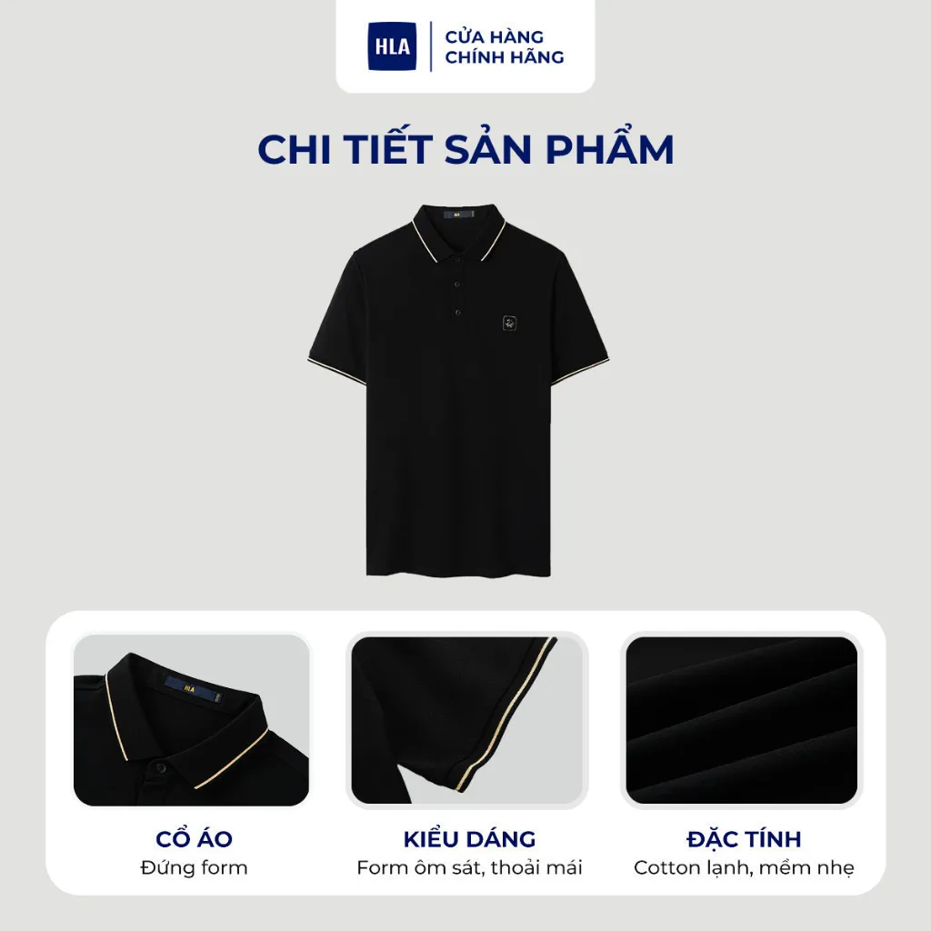 Ảnh Áo POLO nam HLA ngắn tay mềm mịn phối viền thêu logo rồng Dragon pattern neckline solid black POLO Shirt 3