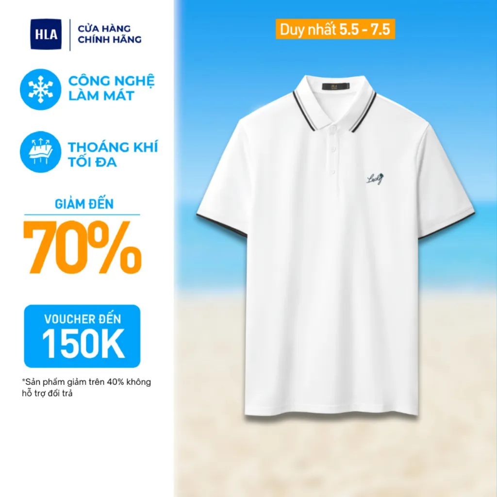 Ảnh Áo POLO nam HLA trắng tay ngắn công nghệ cool feeling, phối viền logo thêu Lucky thoáng mát, co giãn tốt 1
