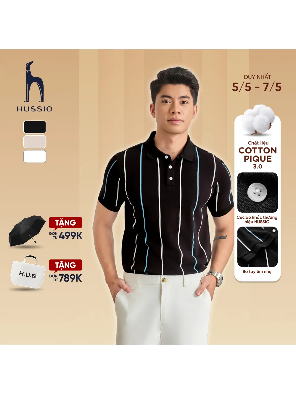 Ảnh Áo POLO nam kẻ sọc MAJESTY vải Cotton Pique thoáng khí, mềm mại, bền màu, che khuyết điểm - HUSSIO 1