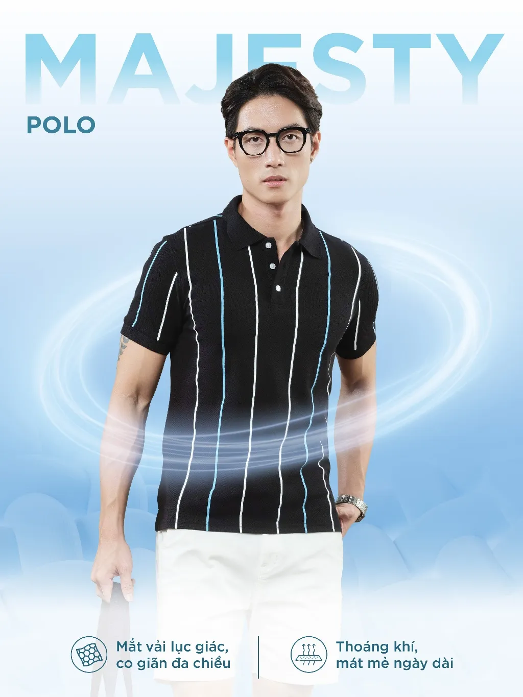 Ảnh Áo POLO nam kẻ sọc MAJESTY vải Cotton Pique thoáng khí, mềm mại, bền màu, che khuyết điểm - HUSSIO 2