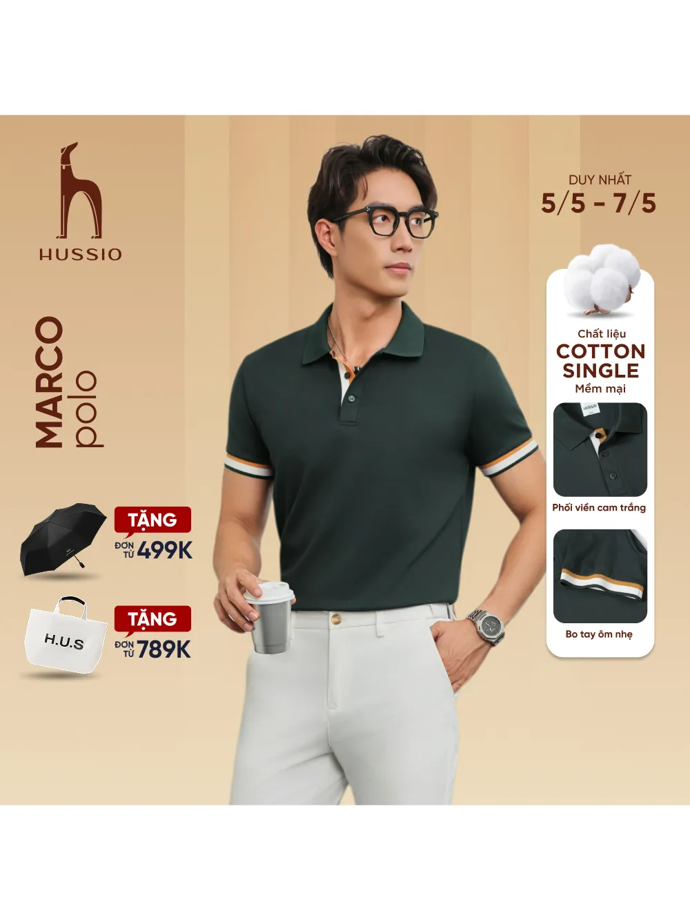 Ảnh Áo polo nam MARCO vải thun cotton dày dặn, co dãn tốt, đứng form, thoáng mát - HUSSIO 1