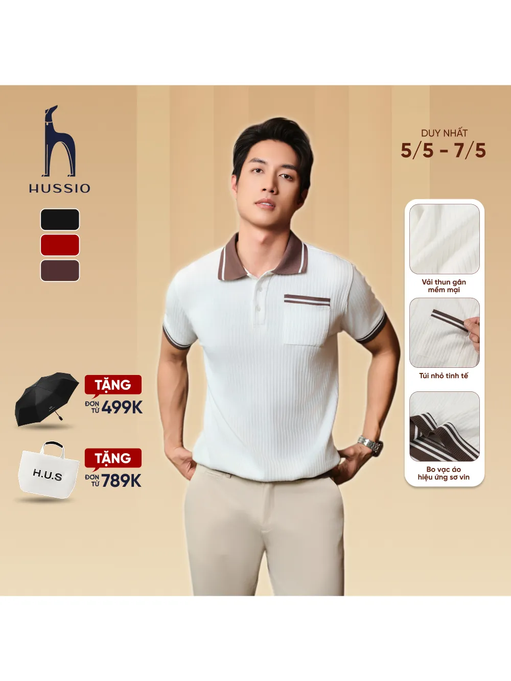 Ảnh Áo polo nam PARADO vải thun gân thoáng mát, co dãn tốt, tôn dáng, che khuyết điểm - HUSSIO 1