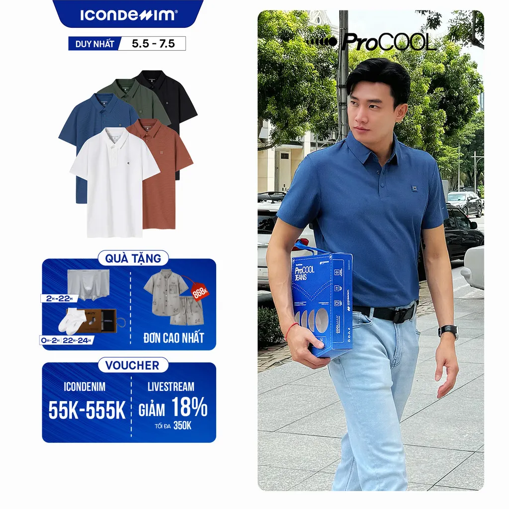 Ảnh Áo polo nam PROCOOL ICONDENIM form slim-fit, công nghệ hạt làm mát thoáng khí, co giãn 4 chiều, vải mịn ít nhăn PLID0153 1