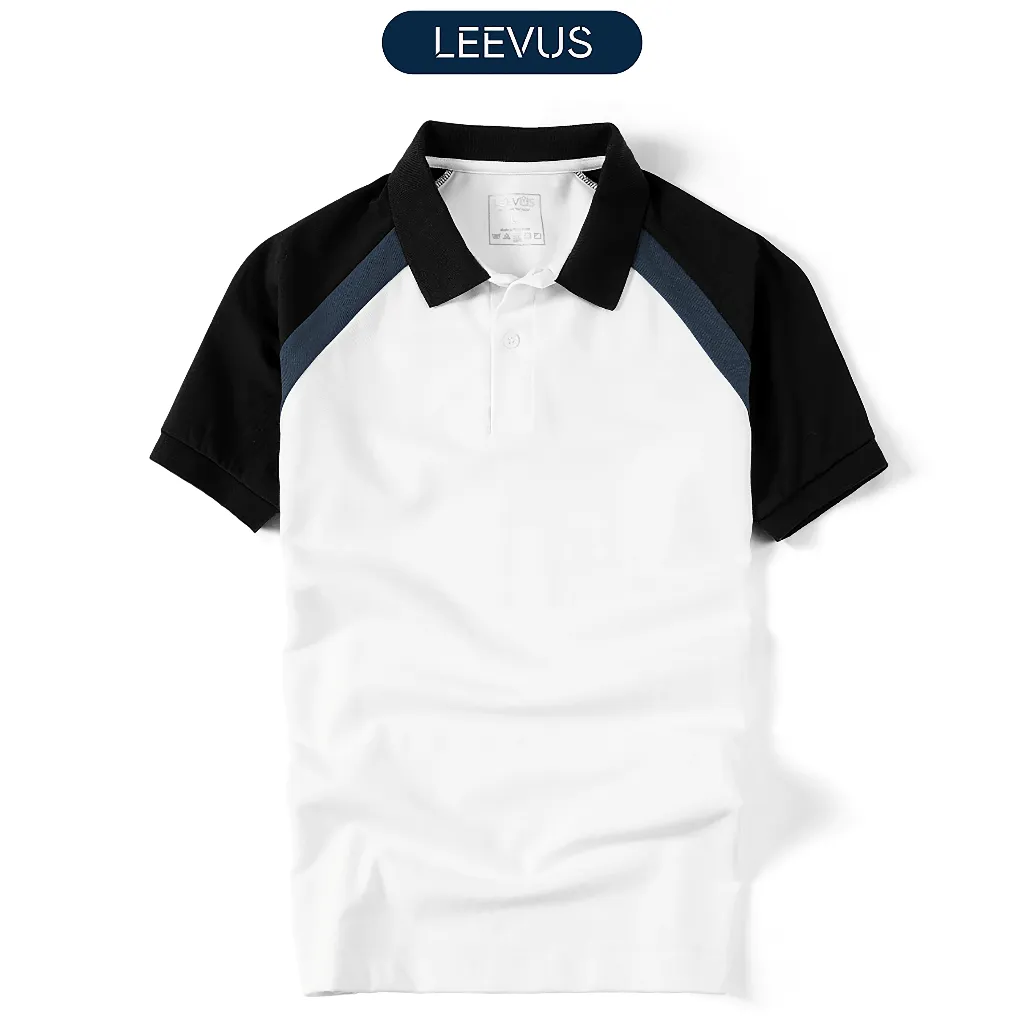 Ảnh Áo Polo nam ROVE LEEVUS màu trắng phối raglan đen xanh, CVC cá sấu, form regular APL316 1