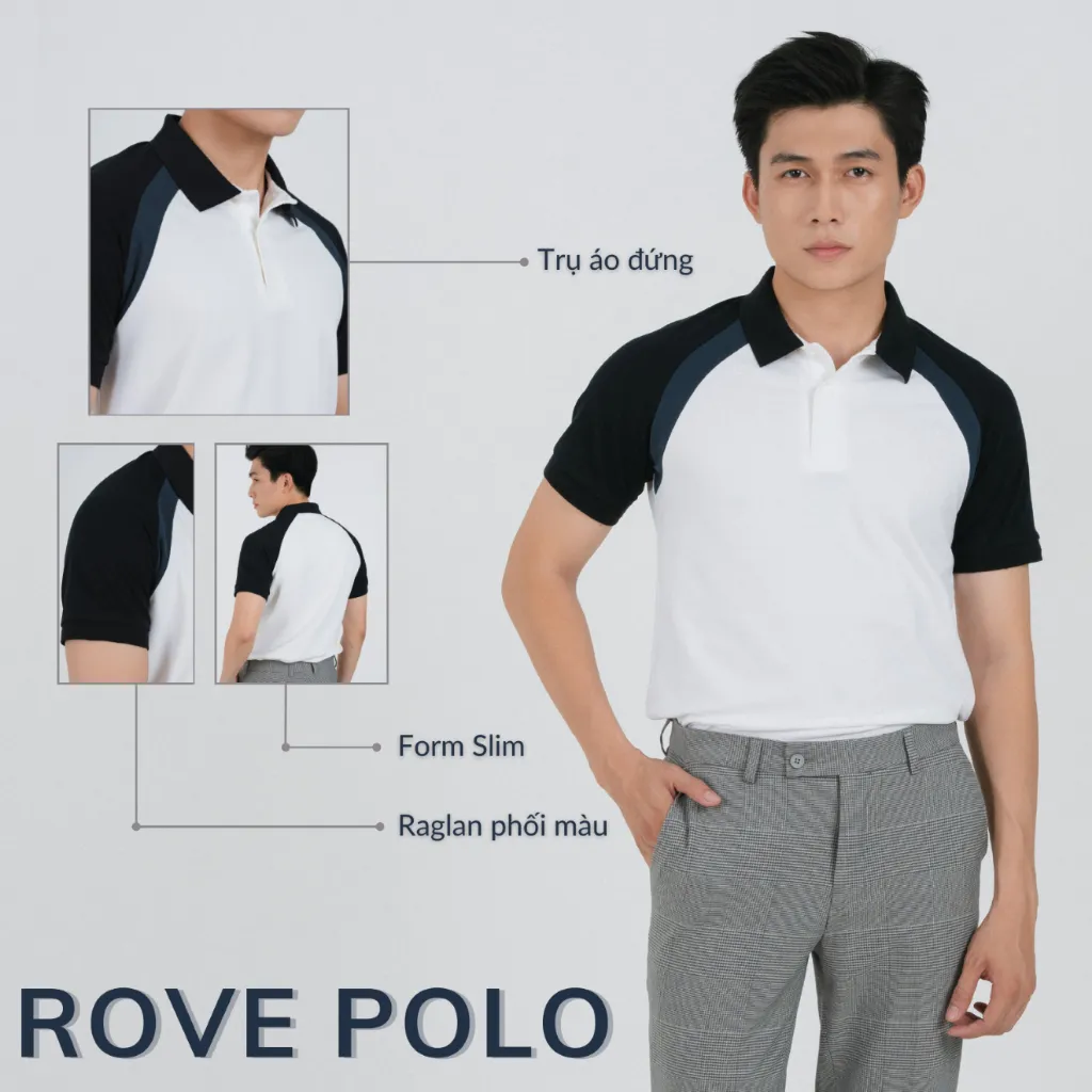 Ảnh Áo Polo nam ROVE LEEVUS màu trắng phối raglan đen xanh, CVC cá sấu, form regular APL316 3