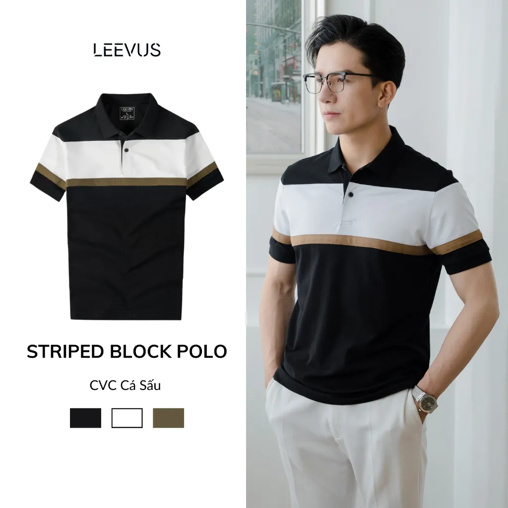 Ảnh Áo Polo nam STRIPED BLOCK LEEVUS phối màu, vải CVC cá sấu, form regular APL312 2