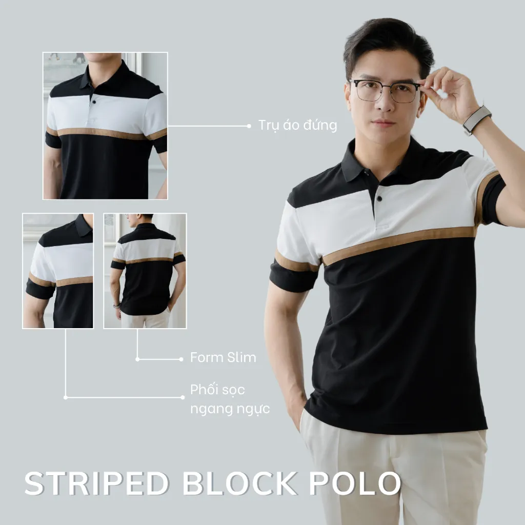 Ảnh Áo Polo nam STRIPED BLOCK LEEVUS phối màu, vải CVC cá sấu, form regular APL312 3