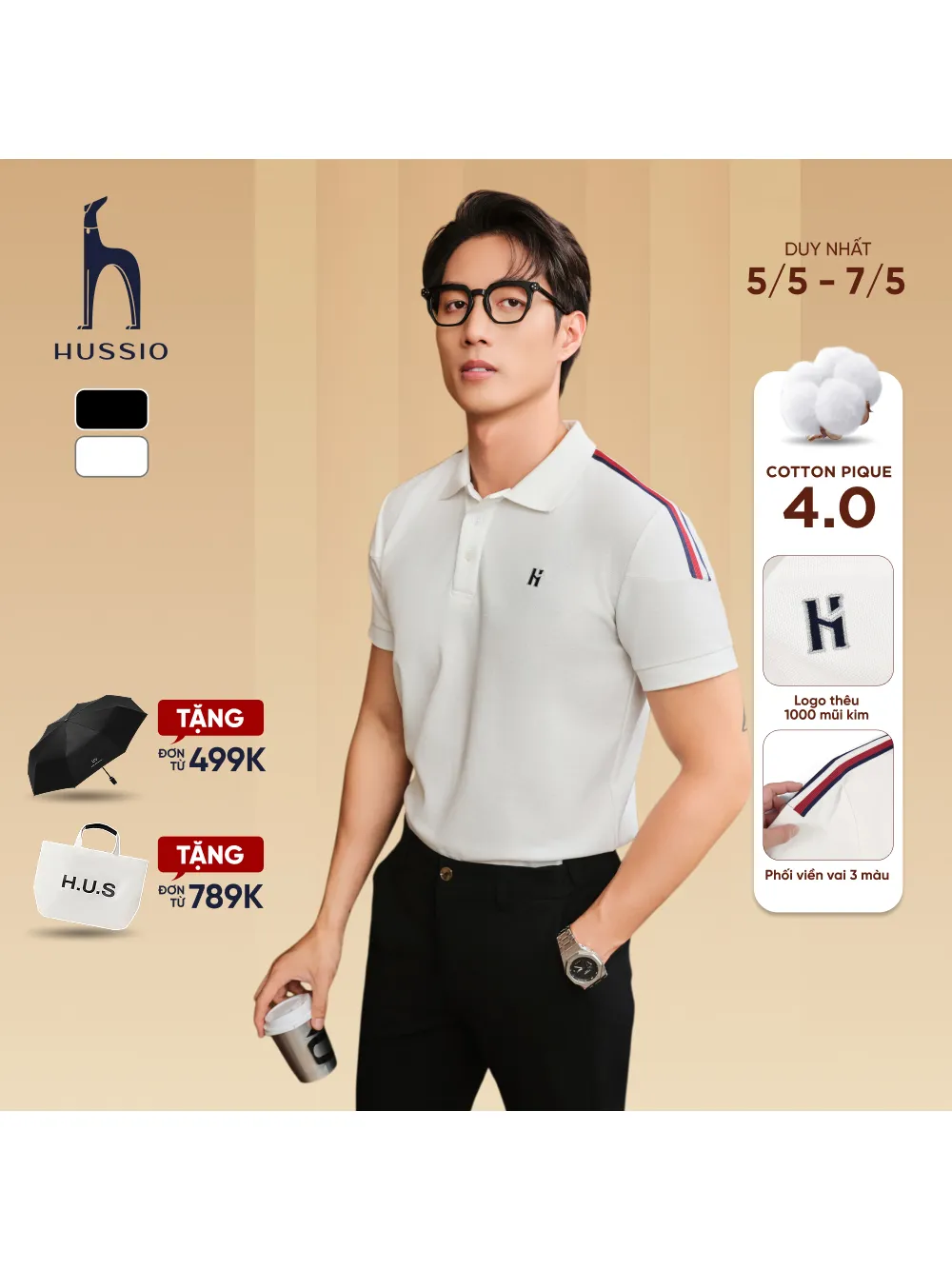 Ảnh Áo polo nam STRONGHOLD vải cotton pique 4.0 mềm mịn, co dãn tốt, thoáng mát ,sang trọng - HUSSIO 1