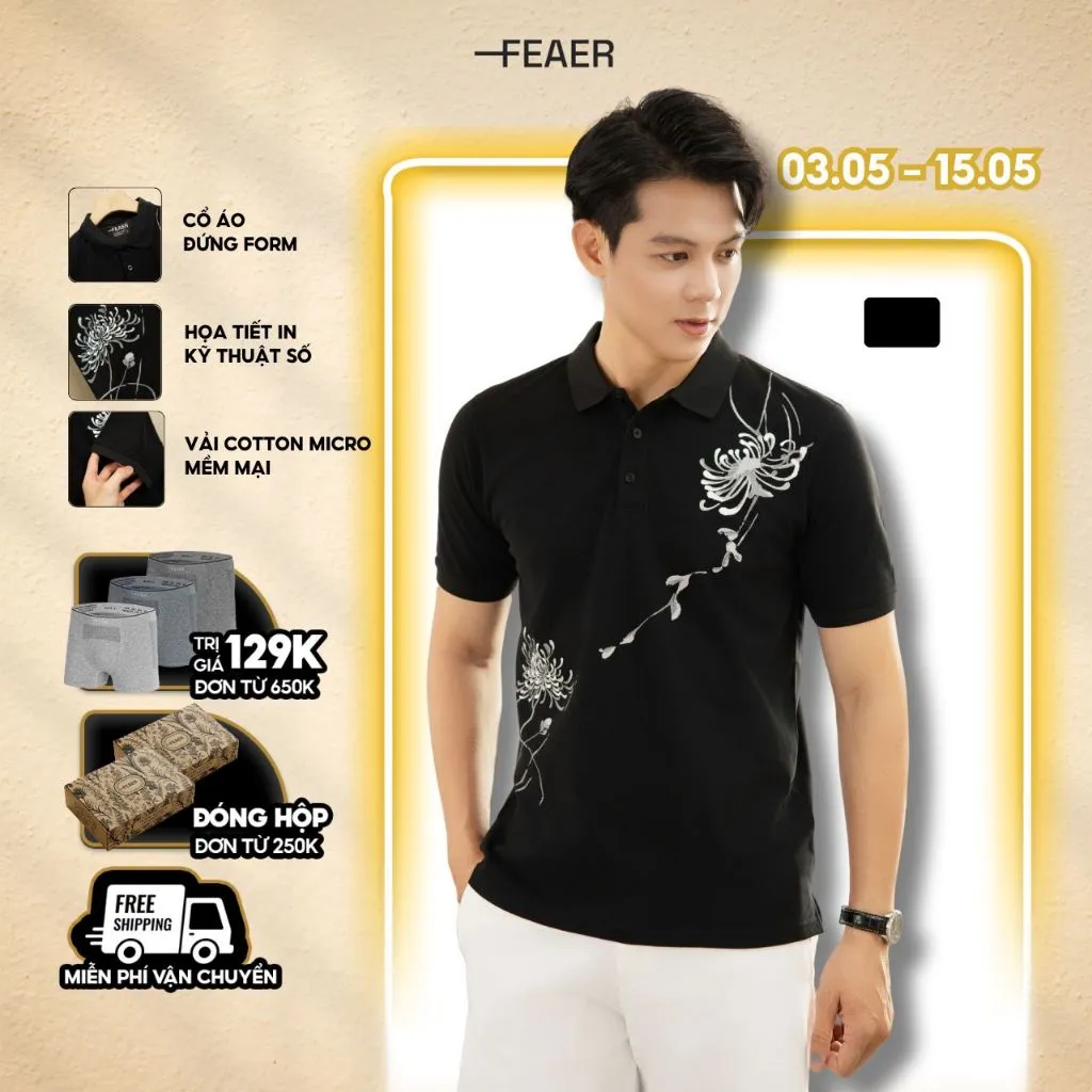 Ảnh Áo polo nam tay ngắn Petal cổ bẻ, chất vải Cotton cao cấp, đứng form, in hoa văn thủy mặc - FEAER 1