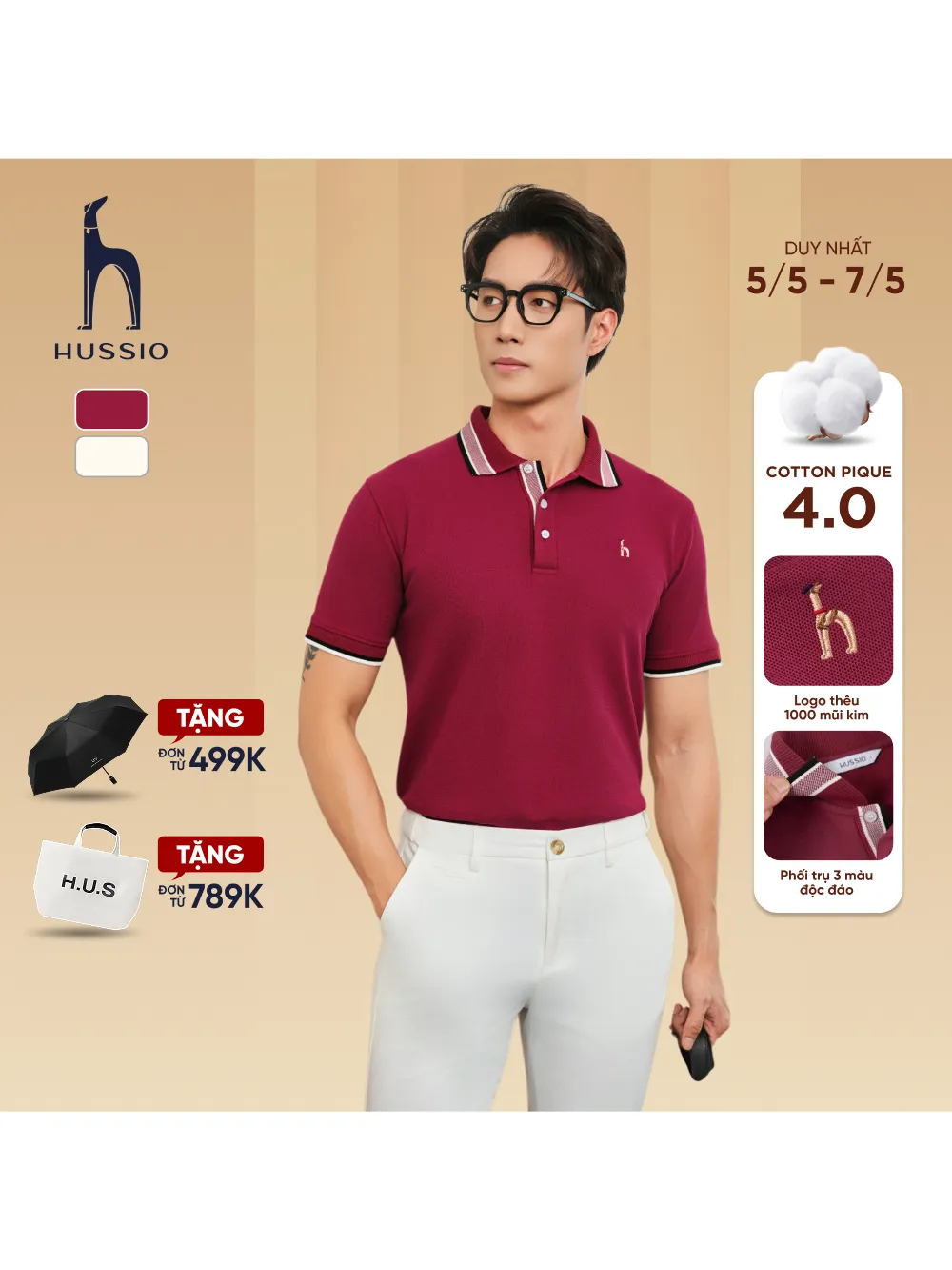 Ảnh Áo polo nam TITANIUM vải cotton pique 4.0 mềm mịn, co dãn tốt, thoáng mát, sang trọng - HUSSIO 1