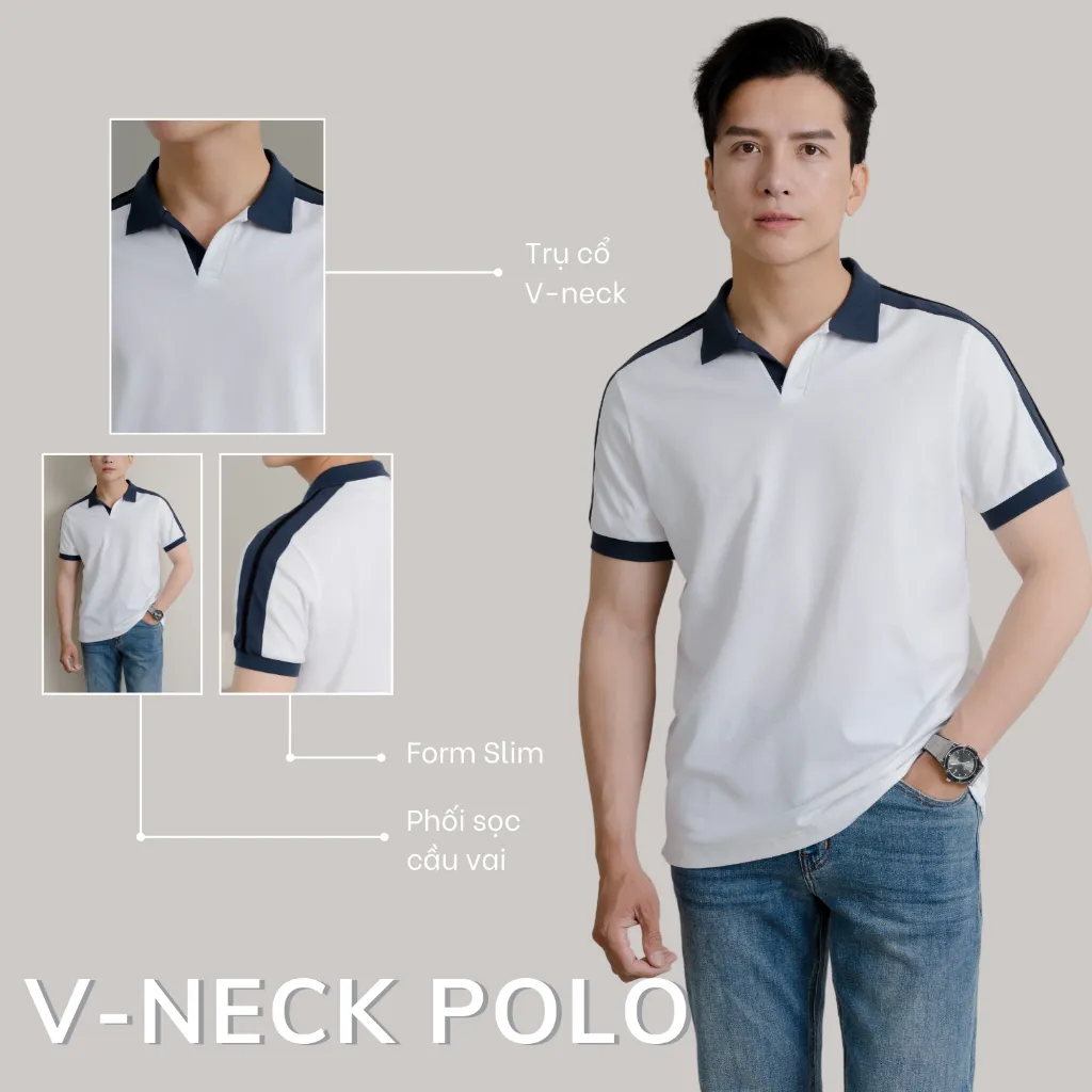 Ảnh Áo Polo nam V-NECK LEEVUS phối bo, vải CVC cá sấu, form regular APL318 2