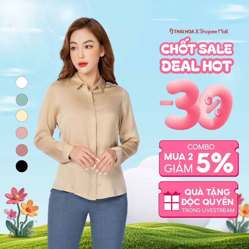 Ảnh Áo sơ mi ASW0101-R09 dài tay nữ vải lụa trơn form suông các màu thời trang công sở Thái Hòa 1