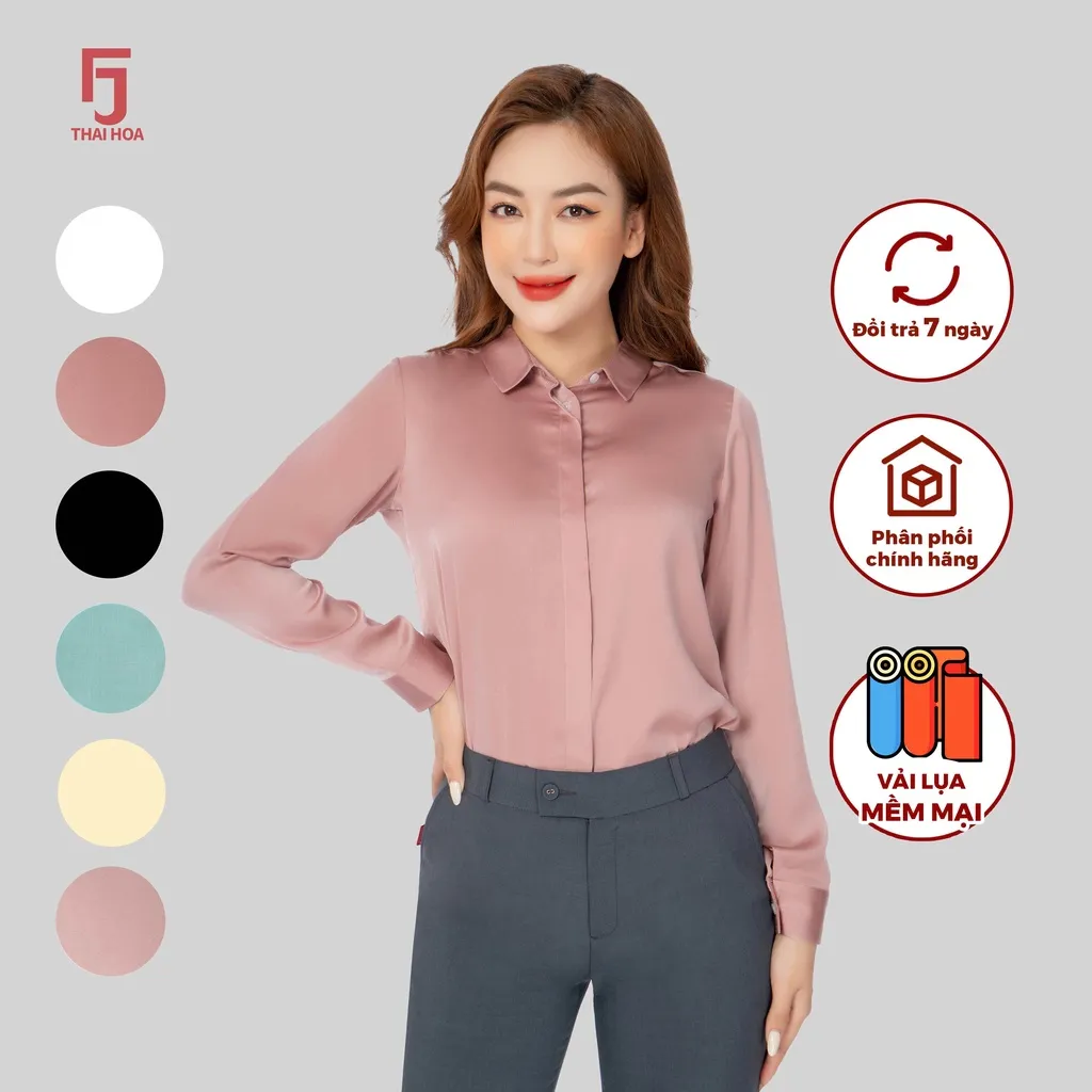 Ảnh Áo sơ mi ASW0101-R09 dài tay nữ vải lụa trơn form suông các màu thời trang công sở Thái Hòa 3