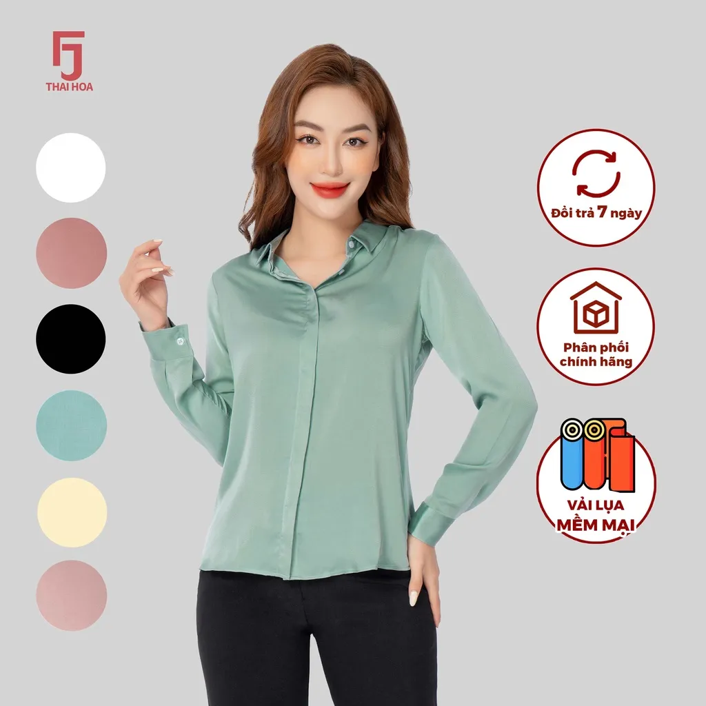 Ảnh Áo sơ mi ASW0101-R09 dài tay nữ vải lụa trơn form suông các màu thời trang công sở Thái Hòa 4