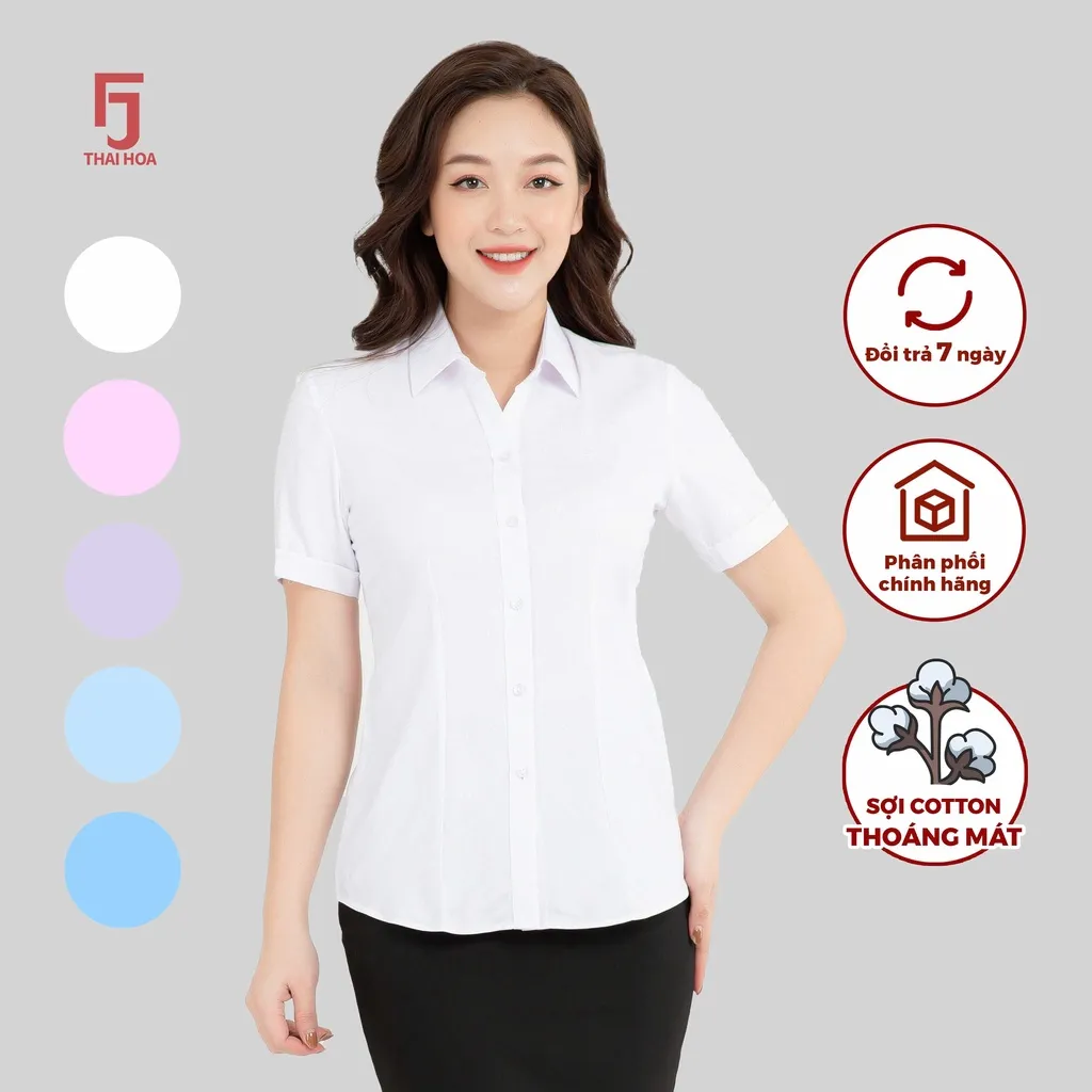 Ảnh Áo sơ mi ASW0301-R05 ngắn tay nữ vải cotton kẻ nhuyễn form ôm các màu Thái Hòa 2