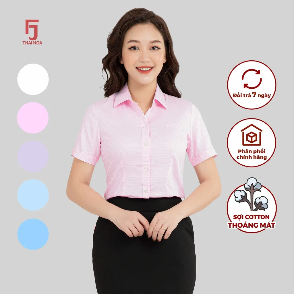 Ảnh Áo sơ mi ASW0301-R05 ngắn tay nữ vải cotton kẻ nhuyễn form ôm các màu Thái Hòa 3
