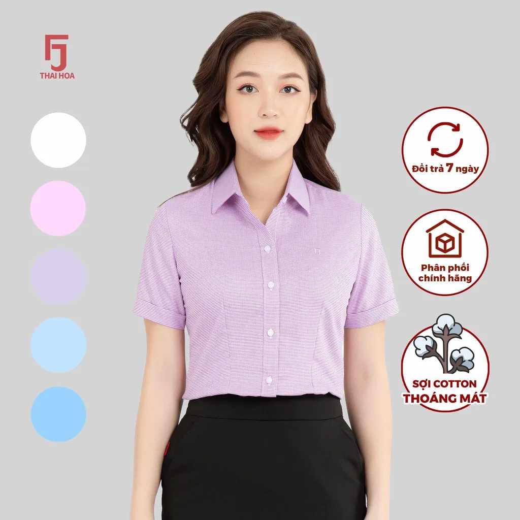 Ảnh Áo sơ mi ASW0301-R05 ngắn tay nữ vải cotton kẻ nhuyễn form ôm các màu Thái Hòa 4