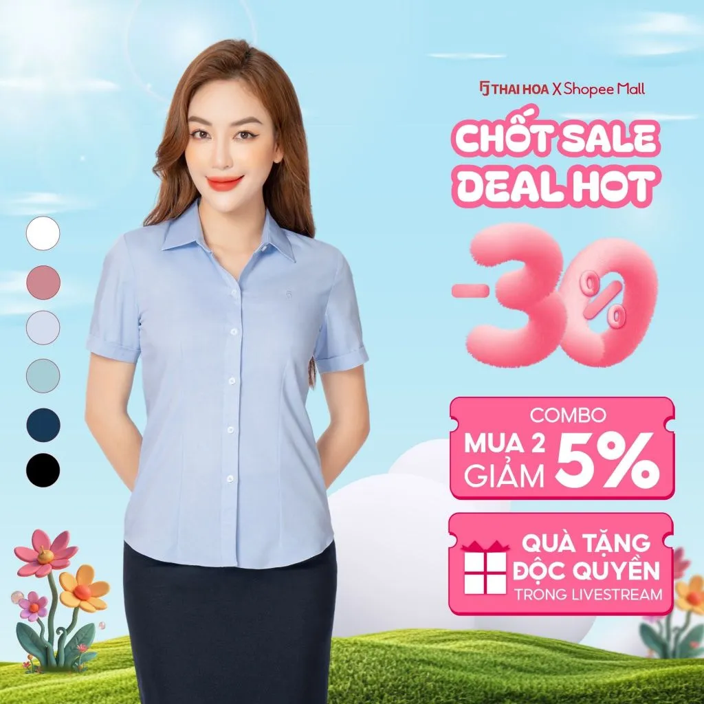 Ảnh Áo sơ mi ASW0301-R11 nữ ngắn tay chất liệu sợi tre vải xước Thái Hòa công nghệ cổ Đức 1