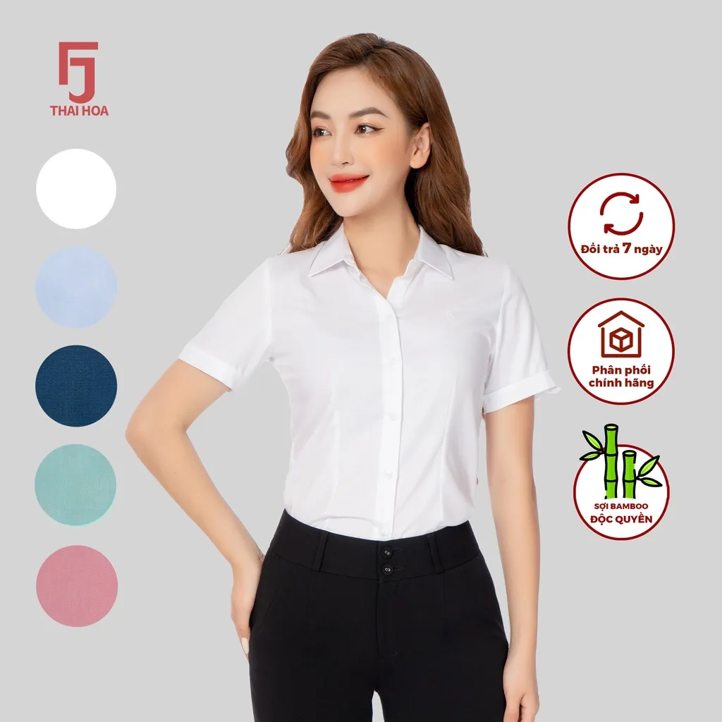 Ảnh Áo sơ mi ASW0301-R11 nữ ngắn tay chất liệu sợi tre vải xước Thái Hòa công nghệ cổ Đức 2