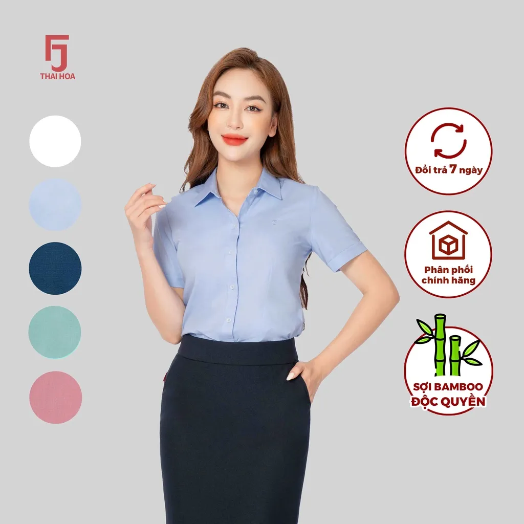 Ảnh Áo sơ mi ASW0301-R11 nữ ngắn tay chất liệu sợi tre vải xước Thái Hòa công nghệ cổ Đức 3