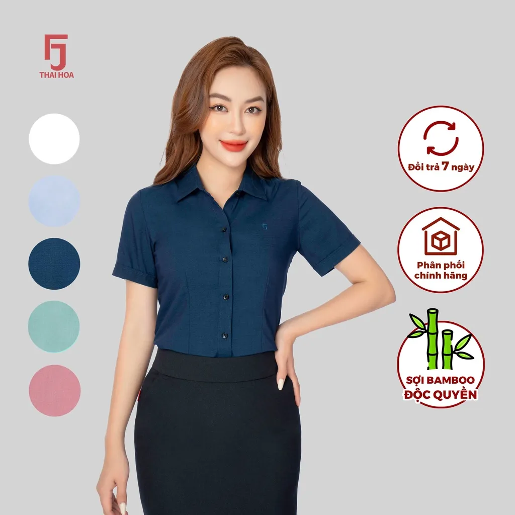 Ảnh Áo sơ mi ASW0301-R11 nữ ngắn tay chất liệu sợi tre vải xước Thái Hòa công nghệ cổ Đức 4