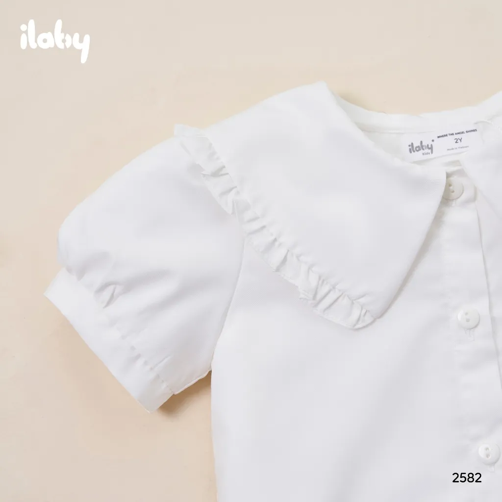 Ảnh Áo sơ mi bé gái ILABY chất cotton thô áo sơ mi trắng basic bé đi học cổ kiểu phối bèo nhỏ [2582] 2