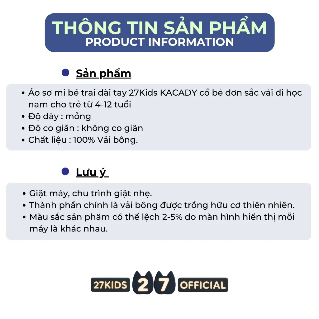 Ảnh Áo sơ mi bé trai dài tay 27Kids KACADY cổ bẻ đơn sắc vải đi học nam cho trẻ từ 4-12 tuổi BLSH13 4