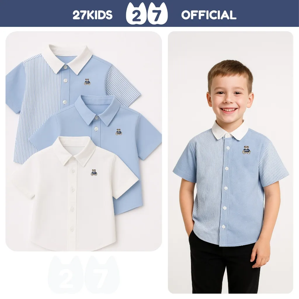 Ảnh Áo sơ mi bé trai ngắn tay 27Kids KACADY cổ bẻ đơn sắc vải đi học nam cho trẻ từ 4-12 tuổi BSSH1 1