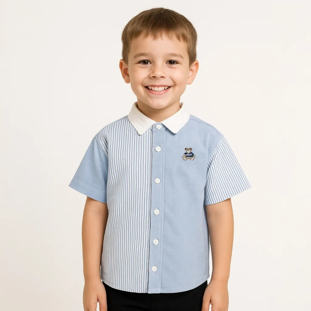 Ảnh Áo sơ mi bé trai ngắn tay 27Kids KACADY cổ bẻ đơn sắc vải đi học nam cho trẻ từ 4-12 tuổi BSSH1 2