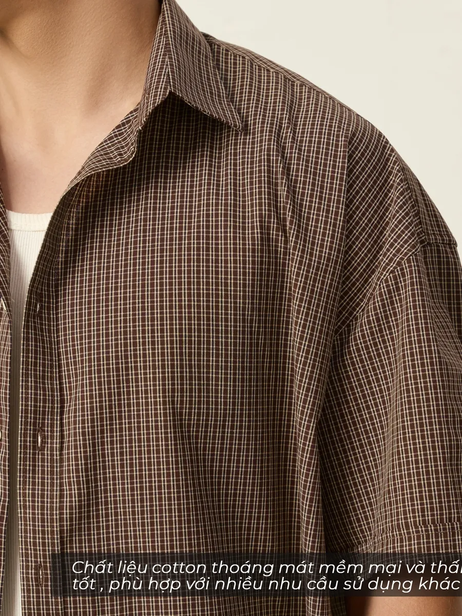 Ảnh Áo sơ mi boxy ngắn tay kẻ caro PEALO chất liệu cotton thoáng mát mềm mịn thấm hút tốt 2