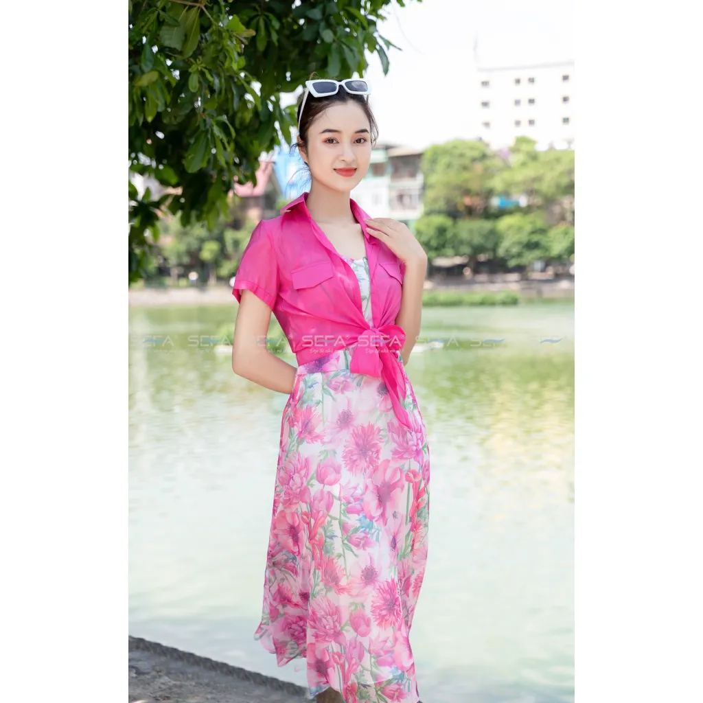 Ảnh Áo sơ mi buộc vạt cổ đức mỏng dạng khoác ngoài chất liệu tơ bảng màu xinh có túi ngực dễ phối đồ 2