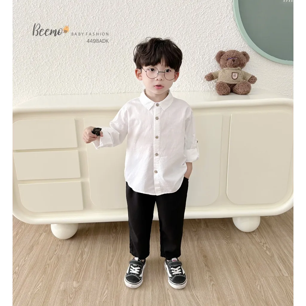 Ảnh Áo sơ mi cho bé trai dài tay Beemo trơn cổ đức cho bé đi học, đi chơi cho bé 9-24kg 4498ADK 1