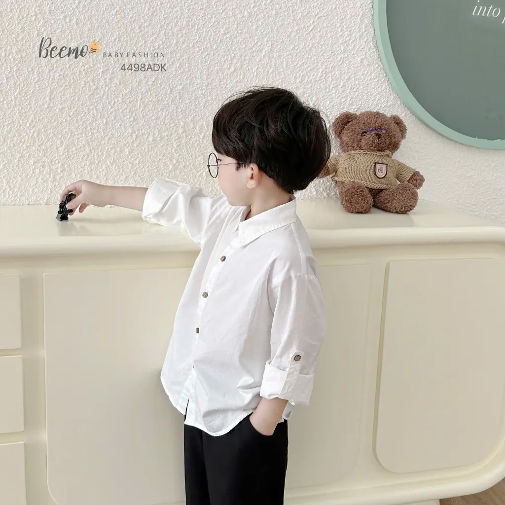 Ảnh Áo sơ mi cho bé trai dài tay Beemo trơn cổ đức cho bé đi học, đi chơi cho bé 9-24kg 4498ADK 2