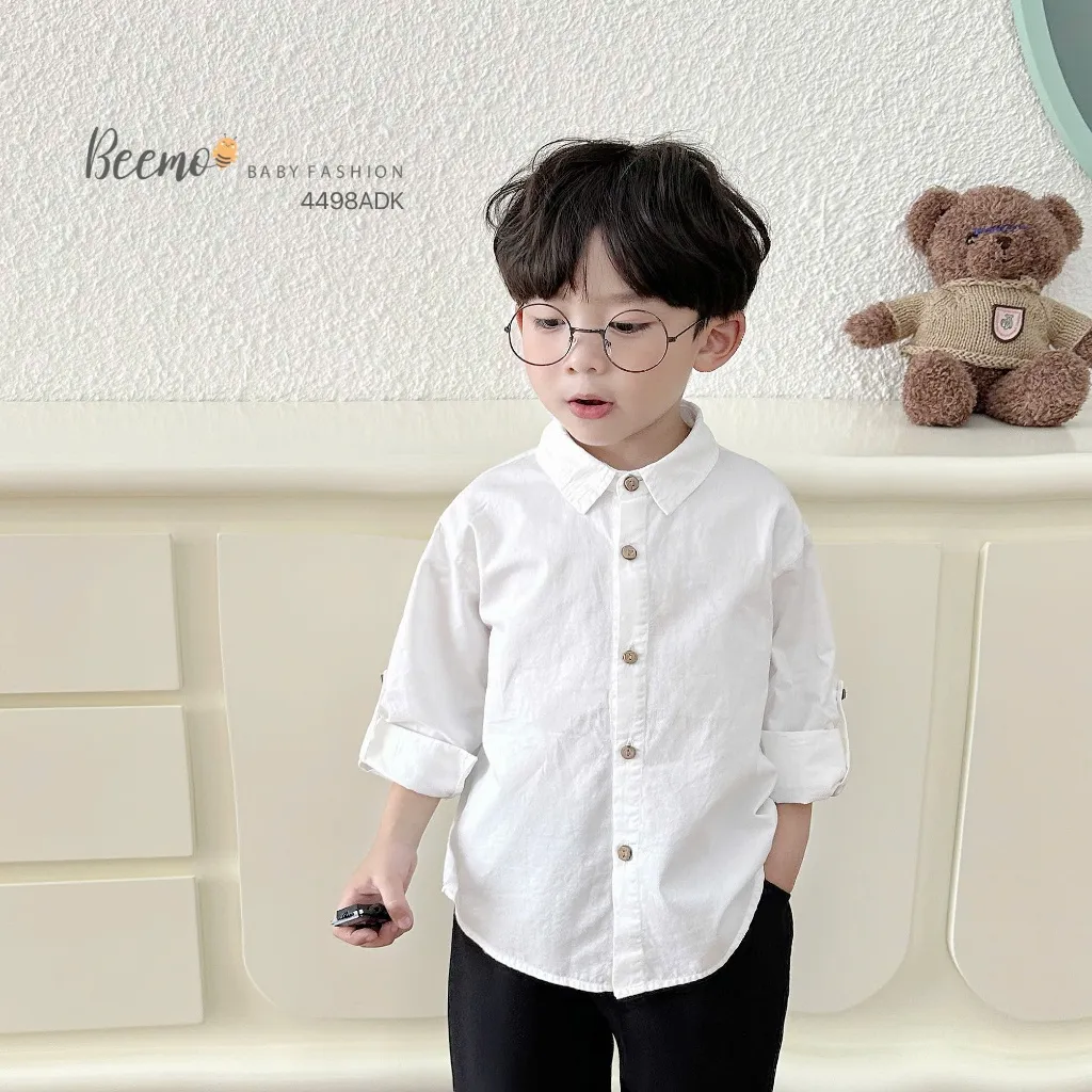 Ảnh Áo sơ mi cho bé trai dài tay Beemo trơn cổ đức cho bé đi học, đi chơi cho bé 9-24kg 4498ADK 3