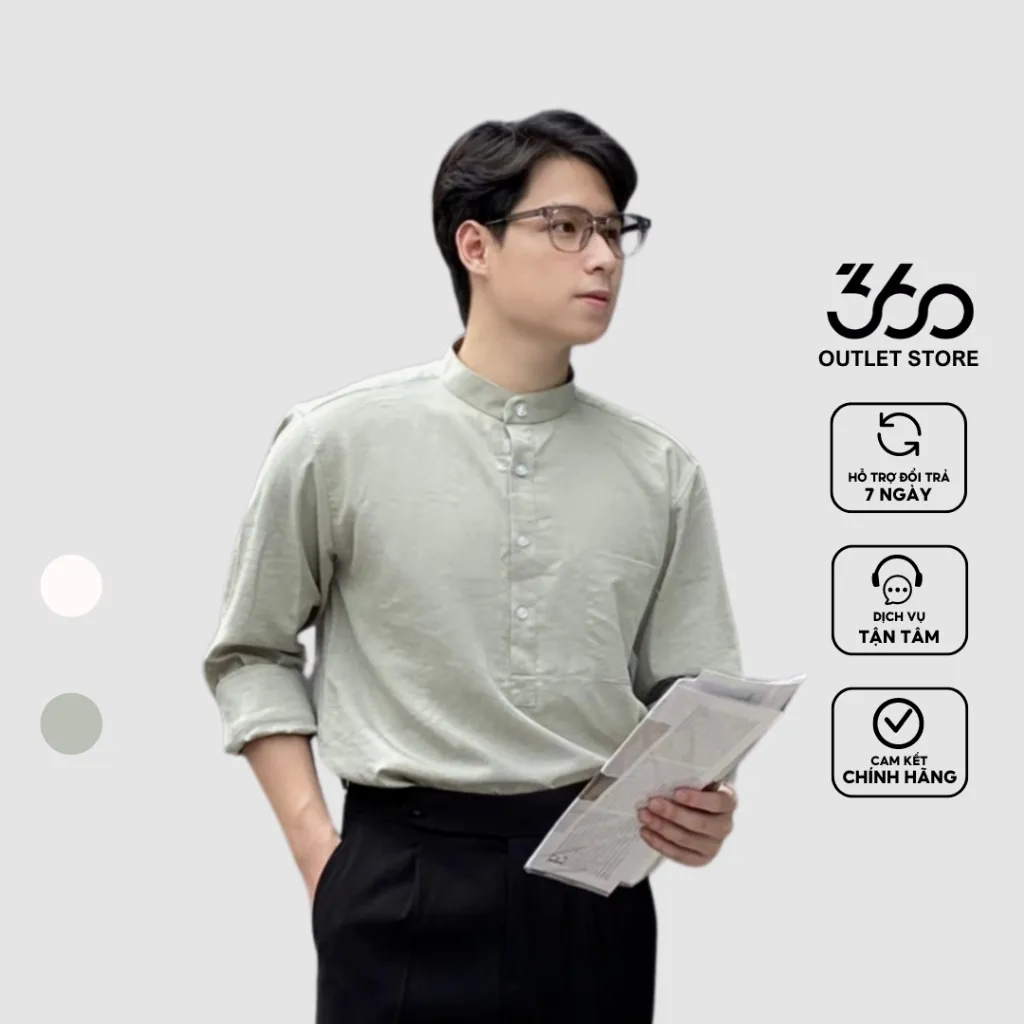 Ảnh Áo sơ mi cổ tàu dài tay 360 Boutique sơ mi nam chất liệu đũi xước form relax - STNOL310 1