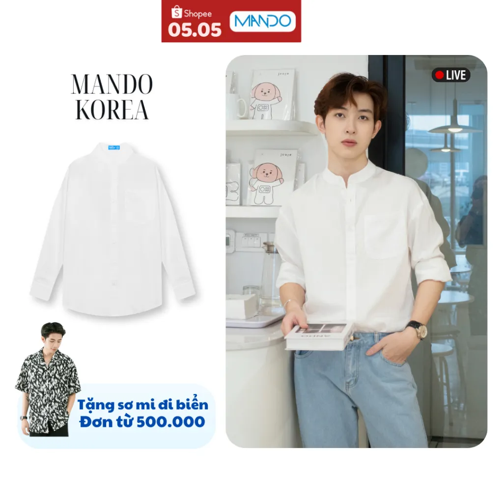 Ảnh Áo Sơ Mi Cổ Tàu Nam MANDO Form Rộng Vải Đũi Dài Tay Kiểu Dáng Basic Thời Trang Hàn Quốc ACT01-SHT014 1