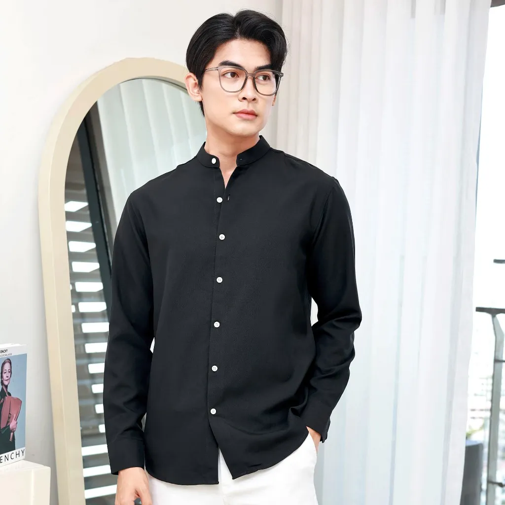 Ảnh Áo sơ mi cổ tàu tay dài POLYS Fullbox, Vải Ford mềm mịn, không nhăn Áo sơ mi cổ trụ tròn BAND COLLAR 2
