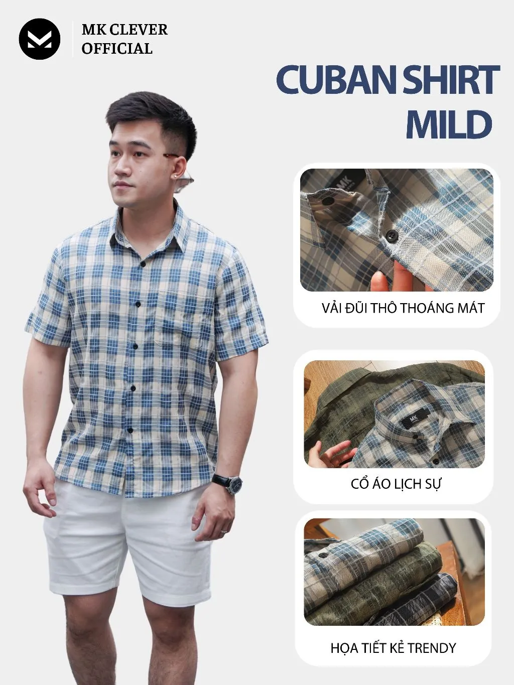 Ảnh Áo Sơ Mi cổ Đức nam kẻ Mild MK CLEVER Chất Đũi thô mềm mịn, thoáng mát, chống nhăn, form rộng hằng ngày 3