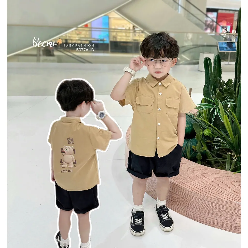 Ảnh Áo sơ mi cộc Beemo phối túi ngực in hình gấu vải thô hàn thoáng mát cho bé trai từ 9-24kg 5077AHB 3