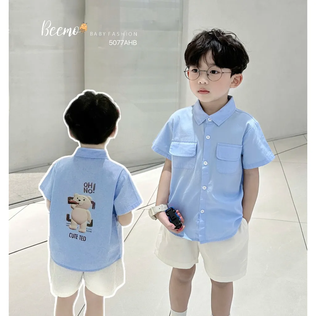 Ảnh Áo sơ mi cộc Beemo phối túi ngực in hình gấu vải thô hàn thoáng mát cho bé trai từ 9-24kg 5077AHB 4