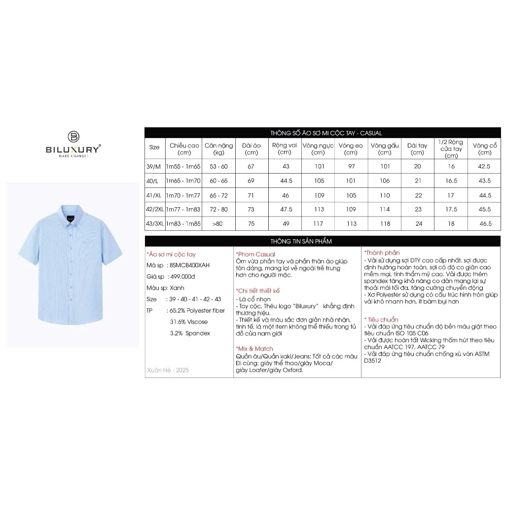 Ảnh Áo Sơ Mi Cộc Tay 8SMCB400 Biluxury Form Casual Thoải Mái Kháng Khuẩn Bền Màu 1