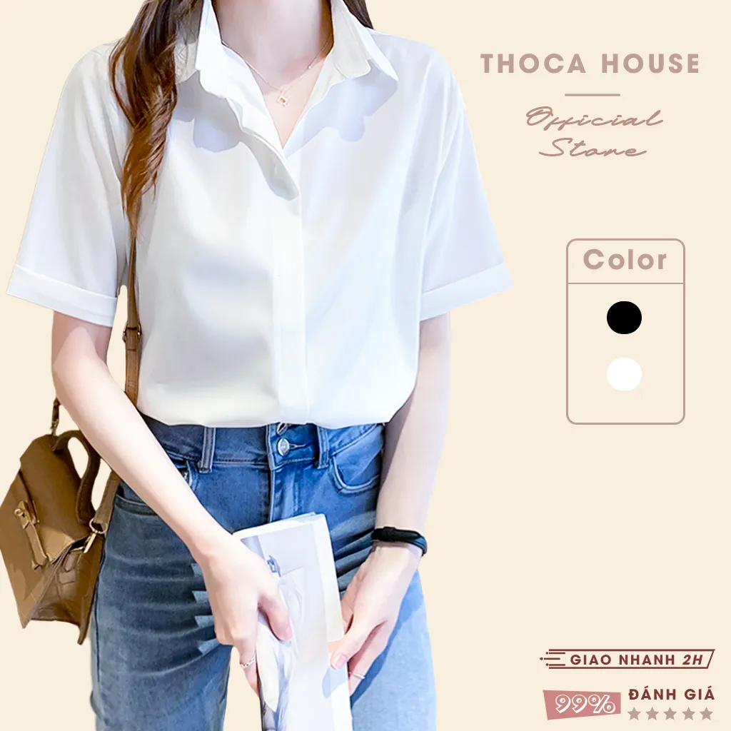 Ảnh Áo sơ mi công sở nữ trắng, đen săn tay ngắn giấu nút THOCA HOUSE vải lụa thoải mái, mát mẻ 1