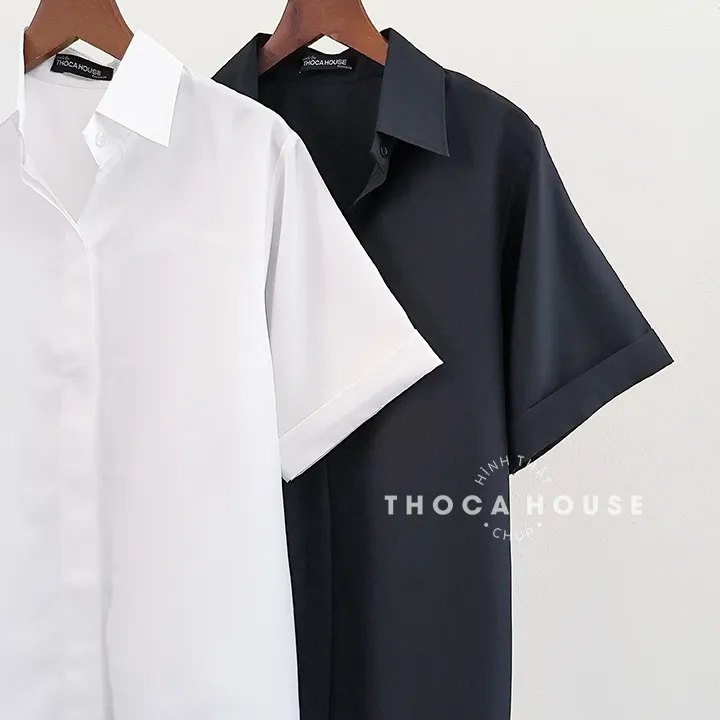 Ảnh Áo sơ mi công sở nữ trắng, đen săn tay ngắn giấu nút THOCA HOUSE vải lụa thoải mái, mát mẻ 3