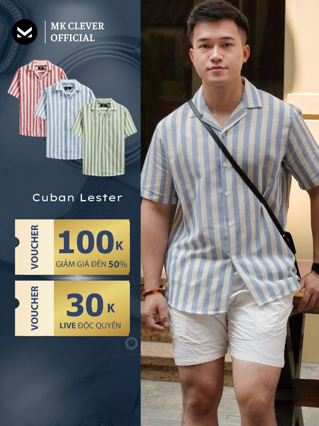 Ảnh Áo Sơ Mi Cuban nam kẻ sọc Lester MK CLEVER Chất Đũi thô mềm , thoáng mát, chống nhăn, form rộng hằng ngày 1