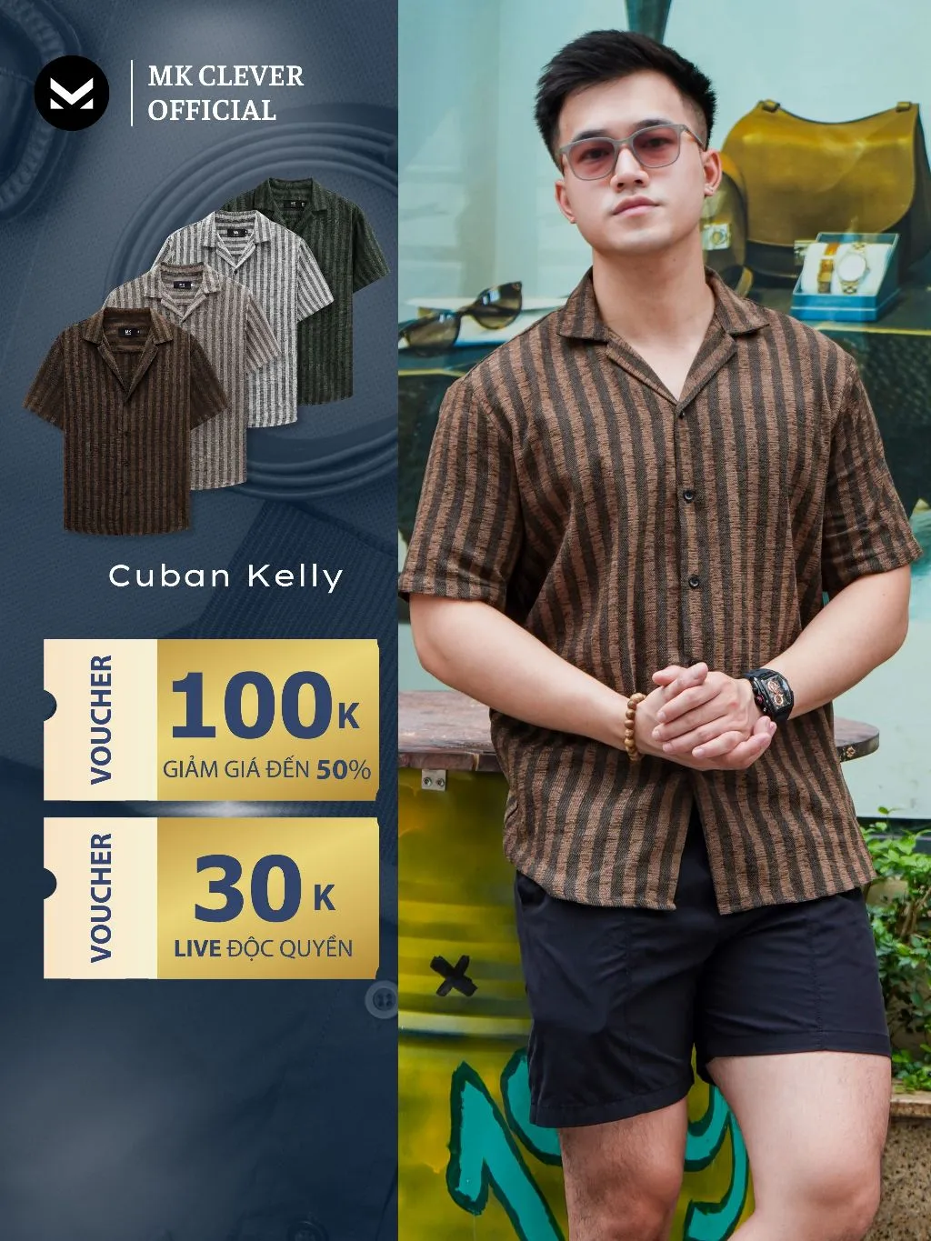 Ảnh Áo Sơ Mi Cuban nam Kẻ sọc Kelly MK CLEVER Chất Đũi thô mềm mịn, thoáng mát, chống nhăn, form rộng hằng ngày 1