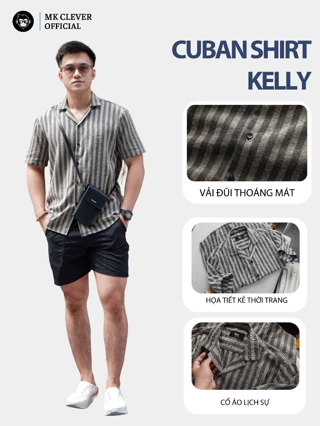 Ảnh Áo Sơ Mi Cuban nam Kẻ sọc Kelly MK CLEVER Chất Đũi thô mềm mịn, thoáng mát, chống nhăn, form rộng hằng ngày 3