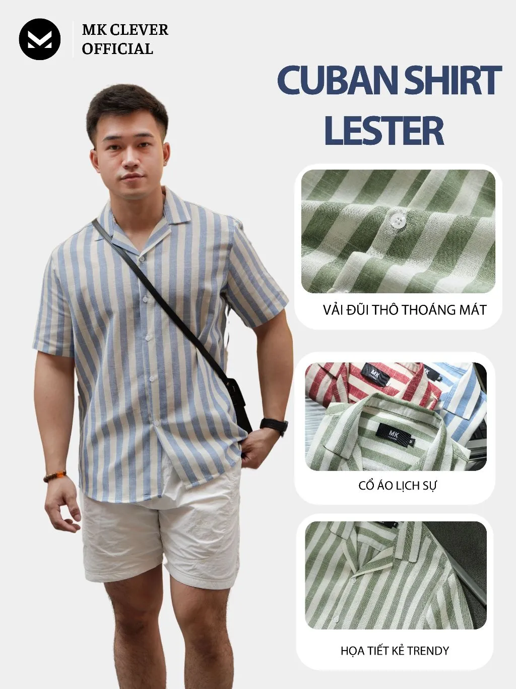Ảnh Áo Sơ Mi Cuban nam kẻ sọc Lester MK CLEVER Chất Đũi thô mềm , thoáng mát, chống nhăn, form rộng hằng ngày 3